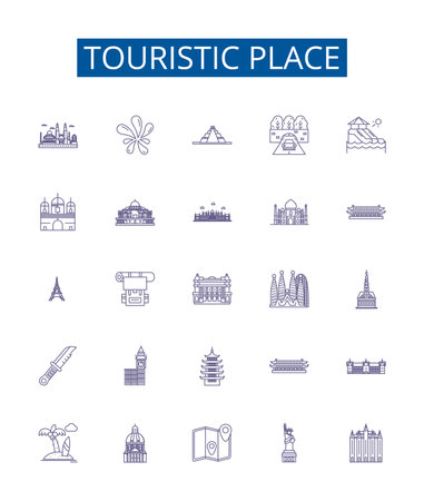 Touristic place line icons signs set. Design collection of tourist, place, destination, attraction, sightseeing, holiday, explore, attraction outline concept vector illustrationsのイラスト素材