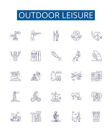 Outdoor leisure line icons signs set. Design collection of Camping, Hiking, Fishing, Kayaking, Biking, Swimming, Boating, Climbing outline concept vector illustrationsのイラスト素材
