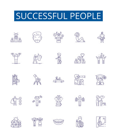 Successful people line icons signs set. Design collection of achievers, winners, magnates, go getters, titans, prosperous, successful, affluent outline concept vector illustrationsのイラスト素材
