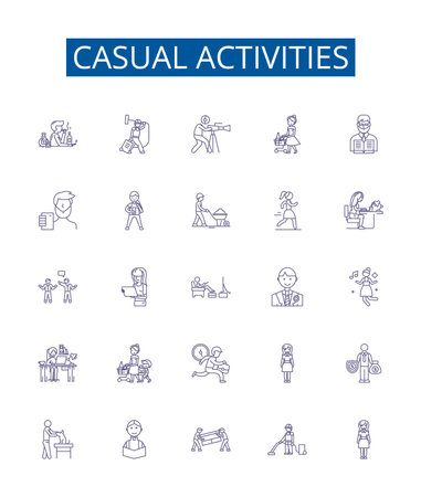 Casual activities line icons signs set. Design collection of Sports, Movies, Eating, Shopping, Games, Socializing, Hiking, Jogging outline concept vector illustrationsのイラスト素材