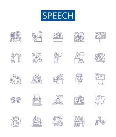 Speech line icons signs set. Design collection of Speech, Oral, Address, Oratory, Talk, Lecture, Monologue, Discourse outline concept vector illustrationsのイラスト素材