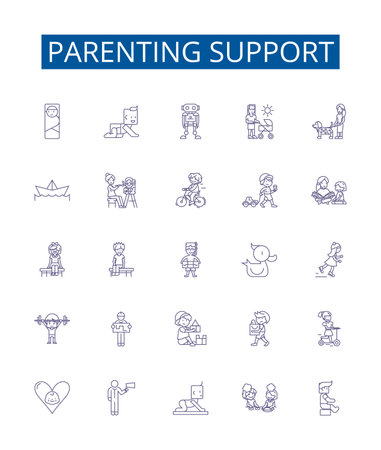 Parenting support line icons signs set. Design collection of Guidance, Backing, Nurturing, Mentoring, Counsel, Instructing, Encouraging, Uplifting outline concept vector illustrationsのイラスト素材