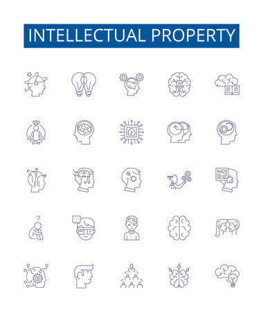 Intellectual property line icons signs set. Design collection of IP, Inventions, Patents, Trademarks, Copyright, Infrastructure, Ideas, Know-how outline concept vector illustrationsのイラスト素材