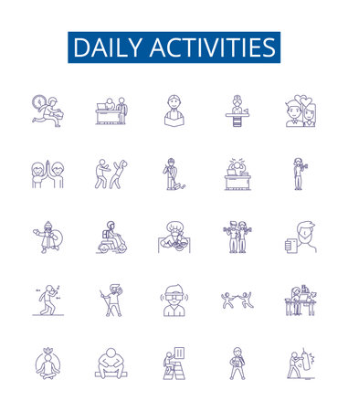 Daily activities line icons signs set. Design collection of Routine, Exercise, Work, Study, Commute, Eating, Shopping, Resting outline concept vector illustrationsのイラスト素材