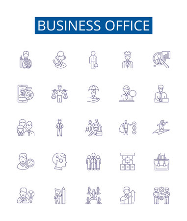 Business office line icons signs set. Design collection of Office, Business, Commercial, Desk, Furniture, Equipment, Files, Chairs outline concept vector illustrationsのイラスト素材