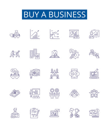 Buy a business line icons signs set. Design collection of Acquire, Purchase, Entrepreneur, Business, Invest, Merger, Assets, Ownership outline concept vector illustrationsのイラスト素材
