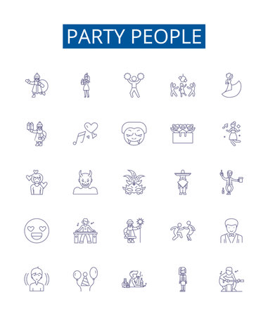 Party people line icons signs set. Design collection of Festive, revelers, merrymakers, attendants, celebrants, guests, invitees, merry goers outline concept vector illustrationsのイラスト素材