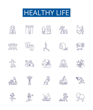 Healthy life line icons signs set. Design collection of Diet, Exercise, Hygiene, Sleep, Sunshine, Nutrition, Water, Breathing outline concept vector illustrationsのイラスト素材