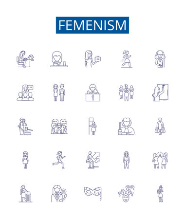 Femenism line icons signs set. Design collection of Feminism, Womanism, Equality, Liberation, Rights, Womxn, Empowerment, Autonomy outline concept vector illustrationsのイラスト素材
