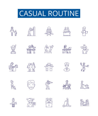 Casual routine line icons signs set. Design collection of Lax, Habitual, Ordinary, Usual, Nonchalant, Everyday, Familiar, Freestyle outline concept vector illustrationsのイラスト素材