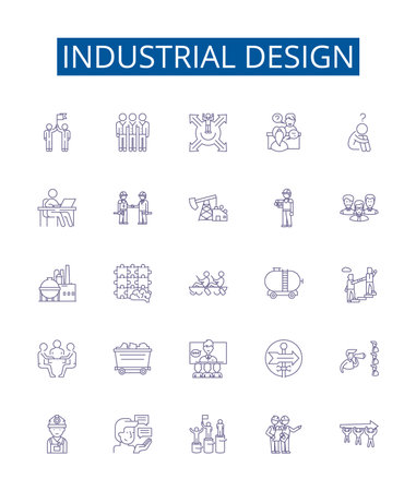 Industrial design line icons signs set. Design collection of Industrial, Design, Automation, Fabrication, Robotics, Engineering, Styling, Manufacturing outline concept vector illustrationsのイラスト素材