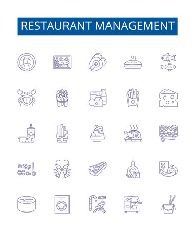 Restaurant management line icons signs set. Design collection of Dining, Menu, Food, Staff, Orders, Costs, Accounting, Security outline concept vector illustrationsのイラスト素材