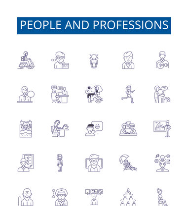 People and professions line icons signs set. Design collection of People, Professions, Nurse, Teacher, Lawyer, Pilot, Chef, Artist outline concept vector illustrationsのイラスト素材