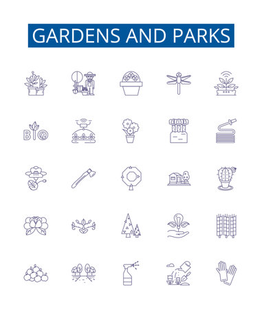 Gardens and parks line icons signs set. Design collection of Gardens, parks, vegetation, flora, fauna, shrubs, trees, hedges outline concept vector illustrationsのイラスト素材