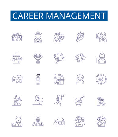 Career management line icons signs set. Design collection of Coaching, Planning, Networking, Mentoring, Education, Research, Analysis, Goal setting outline concept vector illustrationsのイラスト素材