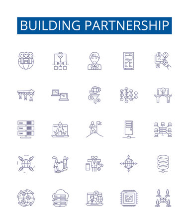 Building partnership line icons signs set. Design collection of Cooperation, Alliance, Unification, Joining, Accord, Coalition, Bridge, Affiliation outline concept vector illustrationsのイラスト素材