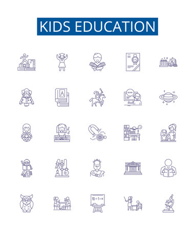 Kids education line icons signs set. Design collection of Childhood, Learning, Teaching, Growth, Developing, Knowledge, Curriculum, Education outline concept vector illustrationsのイラスト素材