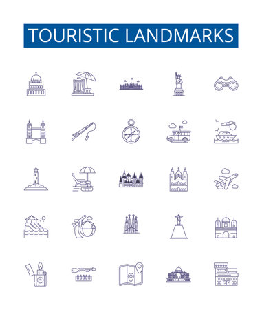 Touristic landmarks line icons signs set. Design collection of Tourist, Landmarks, Monuments, Palaces, Churches, Castles, Ruins, Statues outline concept vector illustrationsのイラスト素材