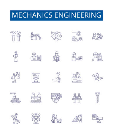 Mechanics engineering line icons signs set. Design collection of Mechanics, Engineering, Kinematics, Dynamics, Vibrations, Force, Torque, Machines outline concept vector illustrationsのイラスト素材