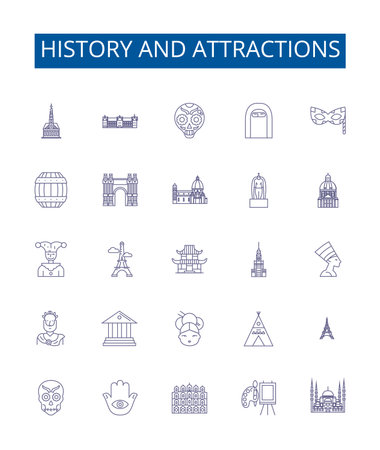 History and attractions line icons signs set. Design collection of History, Attractions, Heritage, Landmarks, Preservation, Sightseeing, Tours, Monuments outline concept vector illustrationsのイラスト素材