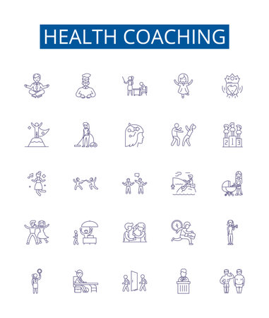Health coaching line icons signs set. Design collection of Wellness, Nutrition, Exercise, Habits, Training, Lifestyle, Diet, Change outline concept vector illustrationsのイラスト素材