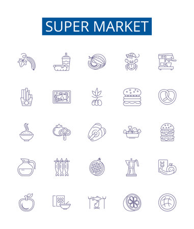 Super market line icons signs set. Design collection of Grocery, Store, Mall, Bazaar, Emporium, Outlet, Warehouse, Mart outline concept vector illustrationsのイラスト素材