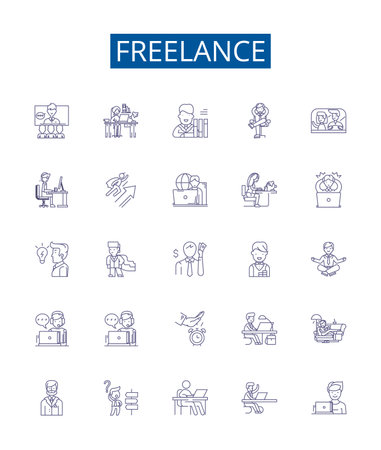 Freelance line icons signs set. Design collection of Freelancer, Contractor, Outsourcing, Remote, Autonomous, Self employed, Gig, Casual outline concept vector illustrationsのイラスト素材