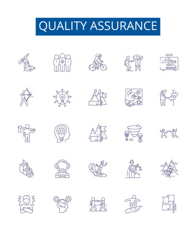 Quality assurance line icons signs set. Design collection of Assurance, Quality, Reliability, Performance, Security, Validity, Defects, Standards outline concept vector illustrationsのイラスト素材