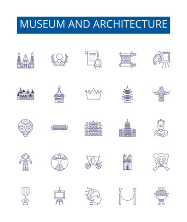 Museum and architecture line icons signs set. Design collection of Museum, Architecture, Exhibition, Historic, Art, Antiquities, Relic, Heritage outline concept vector illustrationsのイラスト素材