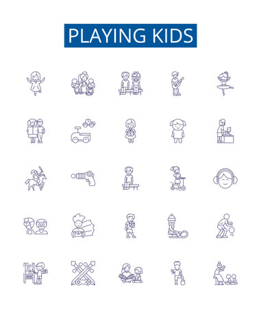 Playing kids line icons signs set. Design collection of Children, Kids, Playing, Games, Fun, Merriment, Enjoyment, Frivolity outline concept vector illustrationsのイラスト素材