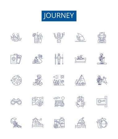 Journey line icons signs set. Design collection of Travel, Trek, Expedition, Tour, Trekking, Pilgrimage, Safari, Hike outline concept vector illustrationsのイラスト素材