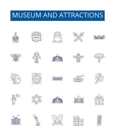 Museum and attractions line icons signs set. Design collection of Museum, Attractions, Heritage, Art, Culture, Exhibitions, Galleries, Architecture outline concept vector illustrationsのイラスト素材