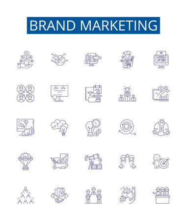 Brand marketing line icons signs set. Design collection of Branding, Advertising, Promotion, Targeting, Positioning, Reach, Positioning, Visibility outline concept vector illustrationsのイラスト素材