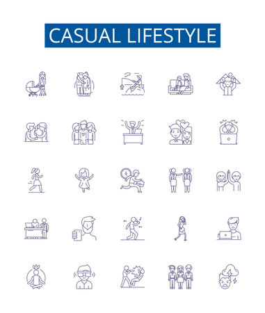 Casual lifestyle line icons signs set. Design collection of Casual, Lifestyle, Relaxed, Unstructured, Comfortable, Breezy, Uncomplicated, Carefree outline concept vector illustrationsのイラスト素材