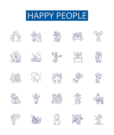 Happy people line icons signs set. Design collection of Cheerful, Joyful, Grinning, Content, Gleeful, Carefree, Mirthful, Blissful outline concept vector illustrationsのイラスト素材