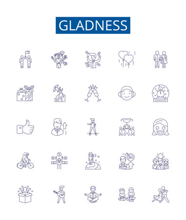 Gladness line icons signs set. Design collection of Cheer, Delight, Merriment, Jubilation, Exaltation, Ecstasy, Gladdening, Glee outline concept vector illustrationsのイラスト素材