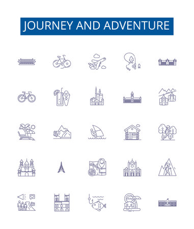Journey and adventure line icons signs set. Design collection of Voyage, Expedition, Trek, Traverse, Roam, Expeditionary, Tour, Exploration outline concept vector illustrationsのイラスト素材