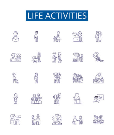 Life activities line icons signs set. Design collection of Existence, Survival, Living, Working, Playing, Learning, Eating, Socializing outline concept vector illustrationsのイラスト素材