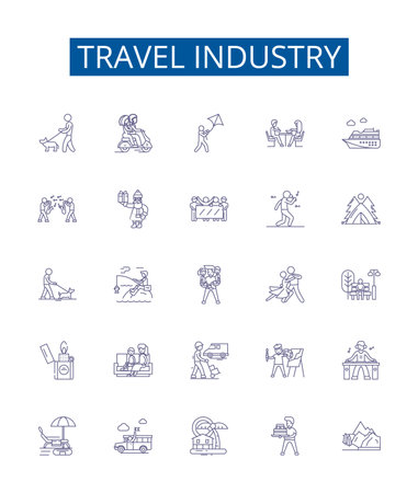 Travel industry line icons signs set. Design collection of Tourism, Voyage, Trip, Adventure, Airline, Cruise, Package, Resort outline concept vector illustrationsのイラスト素材