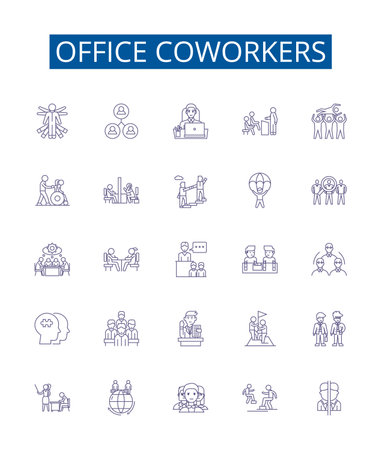 Office coworkers line icons signs set. Design collection of Colleagues, peers, staff, team, associates, cubemates, workmates, office mates outline concept vector illustrationsのイラスト素材