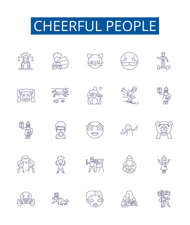 Cheerful people line icons signs set. Design collection of Cheerful, Joyous, Glad, Lighthearted, Exuberant, Delighted, Mirthful, Jubilant outline concept vector illustrationsのイラスト素材