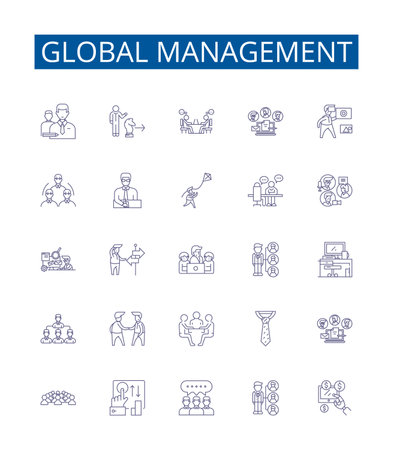 Global management line icons signs set. Design collection of Global, Management, International, Organization, Strategic, Leadership, Transformation, Process outline concept vector illustrationsのイラスト素材