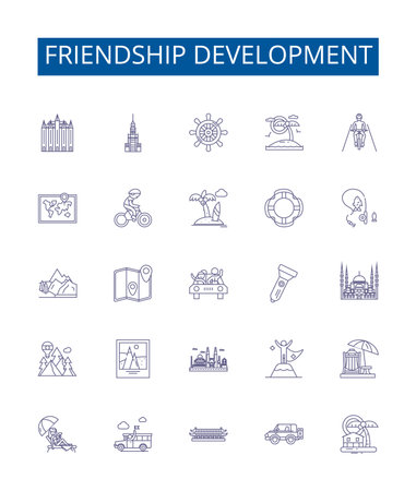 Friendship development line icons signs set. Design collection of Bonding, Friendship, Uniting, Strengthening, Connecting, Enhancing, Growing, Evolving outline concept vector illustrationsのイラスト素材