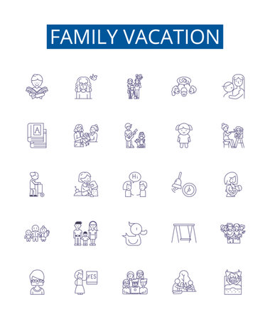 Family vacation line icons signs set. Design collection of Vacation, Family, Trip, Tour, Journey, Holiday, Adventure, Outing outline concept vector illustrationsのイラスト素材