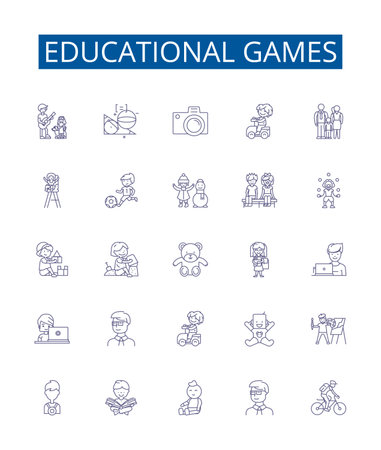 Educational games line icons signs set. Design collection of Educational, Games, Learning, Teaching, Puzzles, Quizzes, Gameshows, Simulations outline concept vector illustrationsのイラスト素材