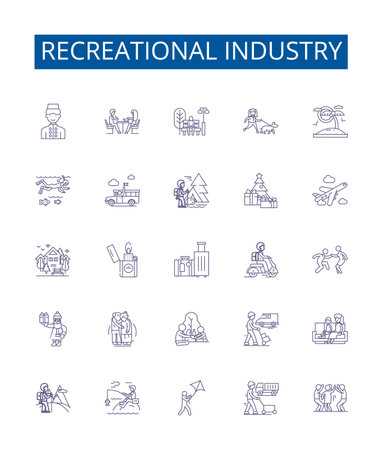 Recreational industry line icons signs set. Design collection of Hiking, Boating, Skiing, Fishing, Camping, Swimming, Surfing, Kayaking outline concept vector illustrationsのイラスト素材