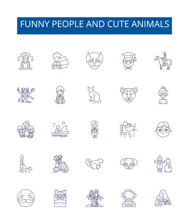 Funny people and cute animals line icons signs set. Design collection of Humorous, Furry, Adorable, Amusing, Grinning, Playful, Charming, Cheerful outline concept vector illustrationsのイラスト素材