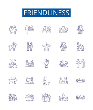 Friendliness line icons signs set. Design collection of Affability, Amiability, Approachability, Benevolence, Camaraderie, Comradeship, Cordiality, Courtesy outline concept vector illustrationsのイラスト素材