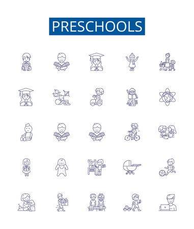 Preschools line icons signs set. Design collection of Preschools, Nurseries, Daycares, Kindergartens, Learning, Early, Education, Young outline concept vector illustrationsのイラスト素材