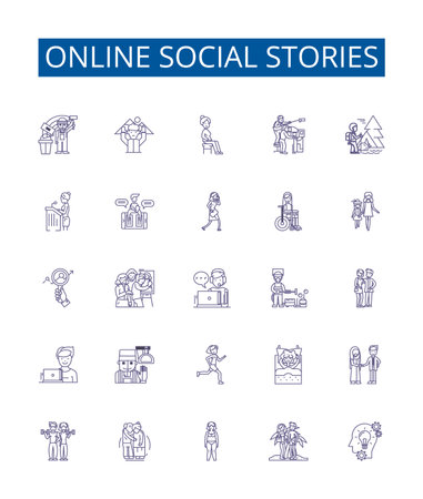 Online social stories line icons signs set. Design collection of Networking, Socializing, Storytelling, Interaction, Connecting, Sharing, Publishing, Documenting outline concept vector illustrationsのイラスト素材